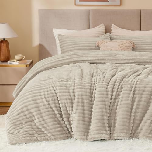 Image of BEDELITE Fleece Oversized Queen Comforter Set, Fluffy Bed Set, Linen | Super Soft & Warm Bedding, Luxury Fuzzy Faux Fur Comforter for Winter, Heavy Plush Bedding, with 2 Pillowcases