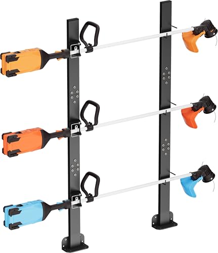 Mondazie 3 Place Weed Eater Rack for Trailer Utility Open Trailer Trimmer Racks with Lockable Snap Buckle Mount On Landscape Truck Trailer Weedeater Rack Holder with L-Shaped Base for Lawn Equipment