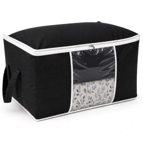 Image of Non-Woven Underbed Storage Bag with Side Handles - Blanket, Comforter & Quilt Organizer - Foldable Dust-Proof Storage Box for Clothes, Sweaters & Bedding - Black, 65x33x47cm (Pack of 1)