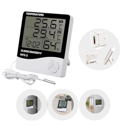 Termômetro e Higrômetro Digital com Sonda Externa, Modelo: HTC-2, Alta Precisão, Memória de Máx e Mín, Relógio Integrado, Display Fácil Leitura, Cabo 90cm, Freezer, Aquário - Qualidade Premium LNSTORE
