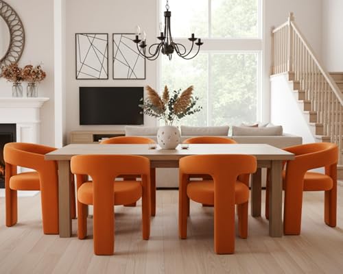 Image of HNY Modern Barrel Kitchen & Dining Room Chairs Set of 6, Velvet Upholstered Accent Chairs with Arm, 18.5'' Wide Side Armchair Vanity Chairs for Living Room Bedroom Makeup Small Spaces, Orange