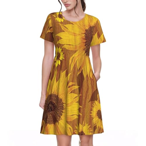 Robe d'été motif tournesols à manches courtes unie de poches fonctionnelles