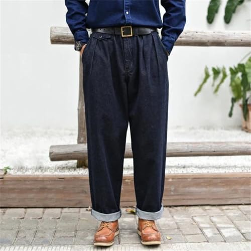 Men’S Vintage Loose Fit Wide Leg Selvedge Denim Full Length Jeans Zipper Fly High Waist Lightweight Daily Wear Rivet Detail2