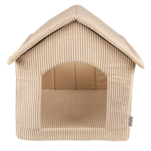 Petsona Hundehütte Rippenstrickstoff Waschbarer Bezug Reißverschlussdach, Beige,XL