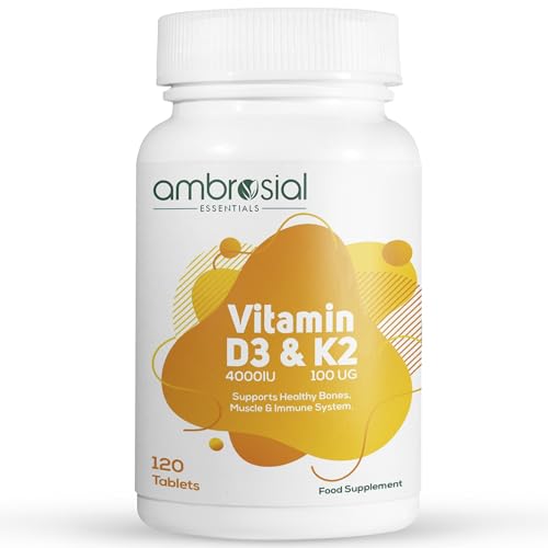 Ambrosial Vitamin D3 & K2 Tablets 4000IU Vitamin D3 + 100µg Vitamin K2 MK-7 for Healthy Bones Muscles and to Support The Immune System - 120 Tablets