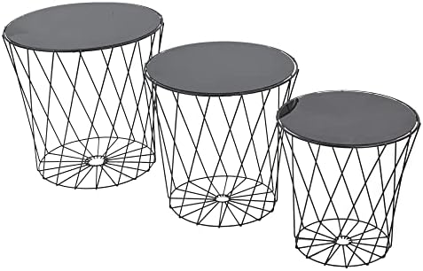 URBNLIVING Nesting Tables Set of 3 End Tables Living Room Mesh Wire Coffee Table Black Bedside Glass Mirrored Top Side