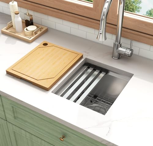Image of LQS 13 Inch Undermount Bar Sink, Stainless Steel RV Kitchen Sink, 10 inch Depth Small RV Kitchen Sink, 16 Gauage Stainless Steel Material, Workstation Ledge With Cutting Board and Abundant Accessories