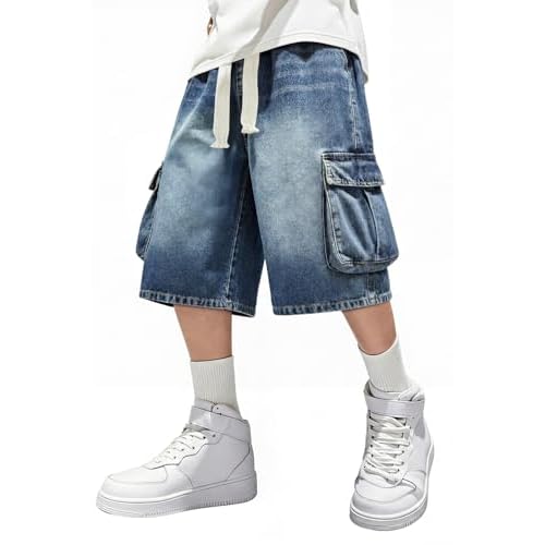 GINGTTO Mens Baggy Jean Shorts Cargo Long Denim Shorts Elastic Waist 15 Inch Inseam Washed Blue 30