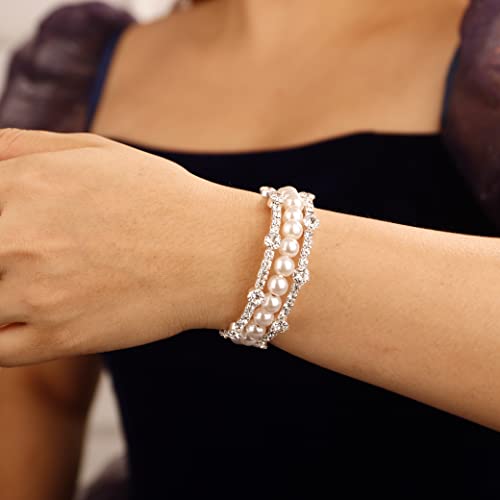 Yertter 3-Row Wedding 1920S Silver Pearl Wrap Cuff Bangle Pearl Crystal Rhinestone Stretch Bangle Bracelet Gift For Women Girls (Style E -Silver) #TOP7