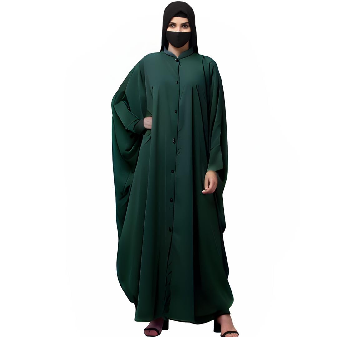 Mushkiya Front Open Buttoned Kaftan Abaya For Women and Girl in Firdaus Fabric | Cuffed Sleeves | Comes with Matching Stole (ME-KA-038-Bottle Green)