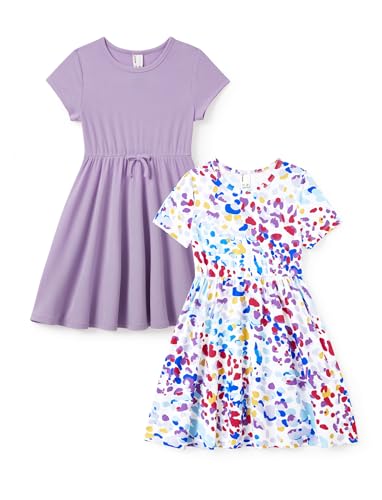 PATPAT Girls' Short Sleeve Dresses Multipack – Quick-Dry Fabric, Tie-Dye & Leopard Prints for Toddlers & Big Girls 2-10 T