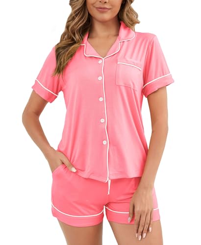 Image of Womens Pajamas Set Short Sleeve Sleepwear Button Down Pjs Shorts Set Soft Pjs Lounge Set With Pockets