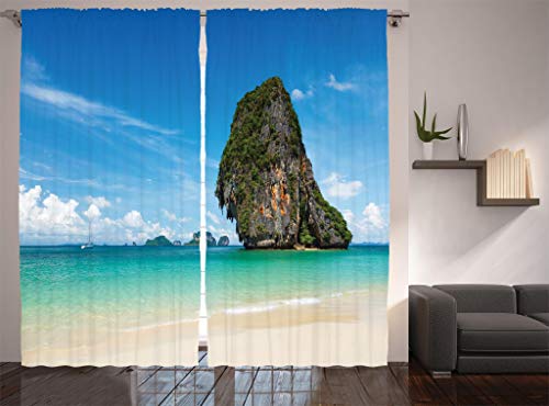 Ambesonne Coastal Curtains, Tropical Beach White Sand Karst Rock Coast in Krabi Thailand Limestone Image, Living Room Bedroom Window Drapes 2 Panel Set, 108