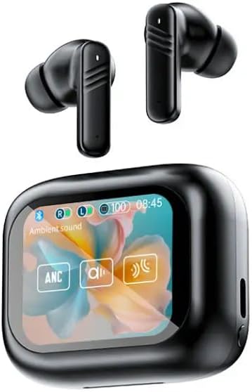 Close-up of the earbud charging case's touch screen display, showing various settings.