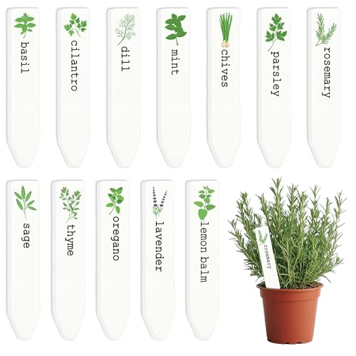 JarThenaAMCS 12Pcs Ceramic Herb Plant Label Signs 12 Styles Garden Herb Markers Waterproof Plant Name Stake Tags for Spring Summer Nursery Indoor Outdoor Garden Decor
