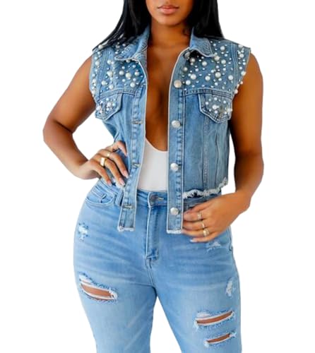 Women's beaded Pearls Short Denim Vest Sleeveless Button Cropped Jean Jacket Tops3