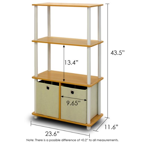 Image of Furinno GO GREEN Storage Shelf, 4-Tier Storage Rack with Bins, Book Shelf, Display Rack, with Storage Bins, for Organization and Storage, Living Room, Home Office, Beech