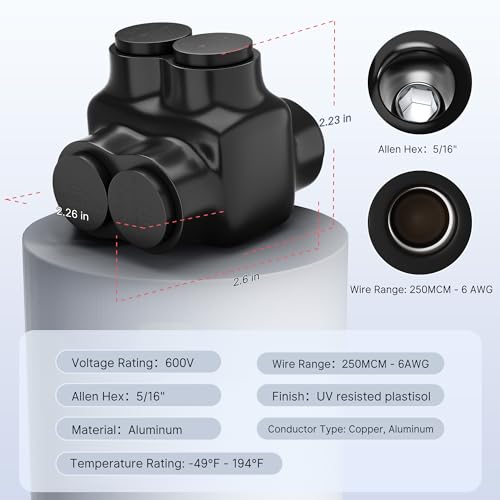 Image of RVBOATPAT Aluminum to Copper Wire Connectors 250MCM-6 AWG 2 Port Aluminum Copper Splice 5 /16 inch Slotted Allen Hex Dual Entry Electrical Power Connector