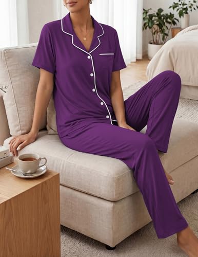 Image of ZMJ Womens Pajamas Sets 2 Piece Button Up Pj Sets Short Sleeve with Long Pant