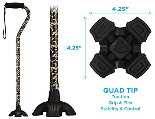 Nova Joy Designer Offset Quad Cane for Seniors - Unisex Adjustable Lightweight Walking Aid with Foam Handle, Wrist Strap and Anti-Rattle Lock - Essential Mobility Support - Camouflage