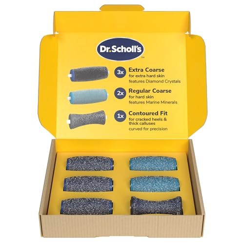 Dr. Scholls Electric Foot File Replacement Roller Heads - Buffs Away Stubborn Calluses Includes 3X Extra Coarse 2X Regular 1x Contoured Fit Head Rinsable with Marine Minerals & Diamond Crystals