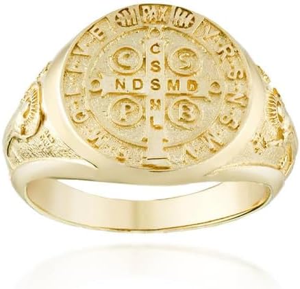 Claddagh Gold 10K and 14K Gold Religious Saint Benedict Patron Saint of Education Crucifix Medallion Ring Available in Yellow, Rose and White Gold with multiple ring sizes