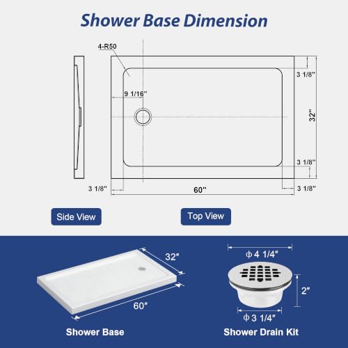 Image of KPUY 60'' L X 32'' W Shower Base Pan with Reversible Install, White