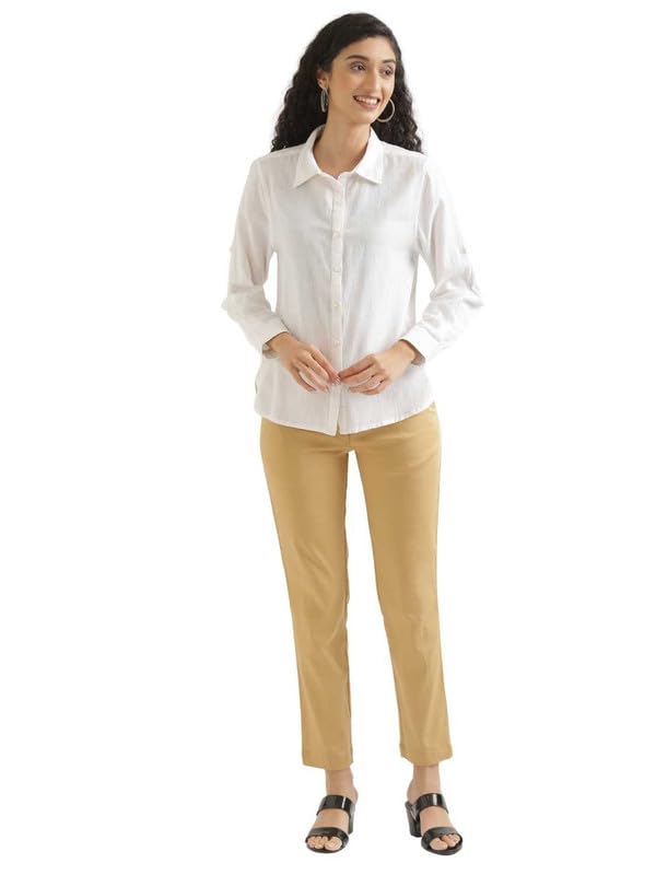 Image of SAADAA Women Pants Formal Straight Fit Cotton Satin Lycra Pant, Regular Fit Trouser for Office Work & Casual wear- Mid Rise, Elasticated Waistband, 4 Deep Pockets