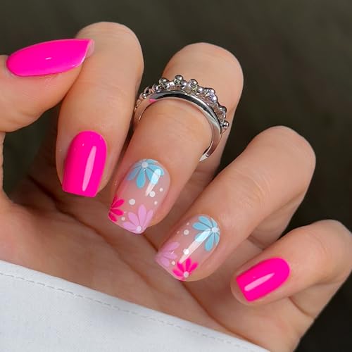 CurvLife Short Square Floral Press On Nails, Pop Bloom Blue, Soft Gel