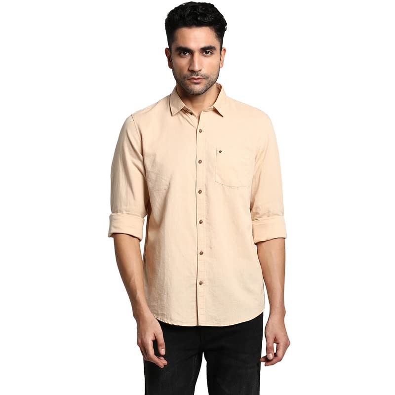 Image of Turtle Men Cotton Linen Beige Slim Fit Solid Formal Shirts