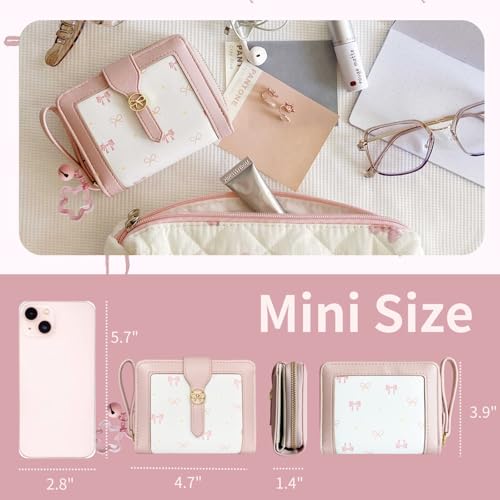 Image of Cute Wallet Girls Bow Small Little Wallets For Women Zipper Coin Pocket Purse (Pink)