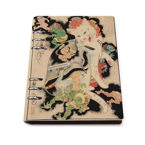 A5 ノート リフィル対応 和風 浮世絵 猫柄 PUレザー 手帳型 ビジネスノート 6穴 バインダー 書きやすい リングノート 多機能 メモ帳 学生 社会人 仕事用 おしゃれ