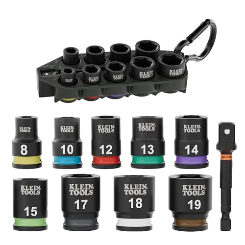 Image of Klein Tools 33809M Grab-And-Go Impact Socket Set, Metric, 10-Piece Set with Sleeve, Carabiner, 3 /8-Inch Drive, Color-Coded 8 mm, 10 mm, 12 mm, 13 mm, 14 mm, 15 mm, 17 mm, 18 mm, 19 mm Sockets