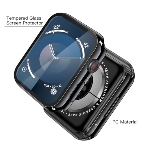 Image of Misxi 2 Pack Tempered Glass Case Compatible for Apple Watch Series 9 Series 8 Series 7 45mm, Hard PC Screen Protector Overall Protection Scratch-Resistant Cover for iWatch, 1 Jet Black + 1 Transparent