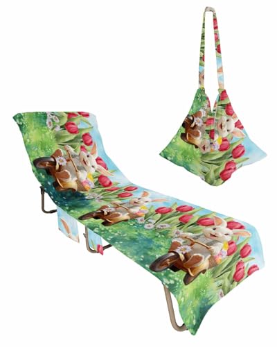 Easter Bunny Beach Chair Towel Covers for Chaise Lounge with Side Pocket, Soft Plush Pool Towels Cover for Patio Sunbathing Outdoor 29''x85'' Easter Eggs Rabbits Daisy Tulip Painting