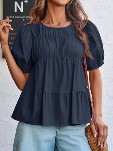 Image of Tankaneo Womens Puff Sleeve Peplum Babydoll Tops Summer Flowy Pleated Cotton T-Shirts Casual Loose Fit Cute Blouse
