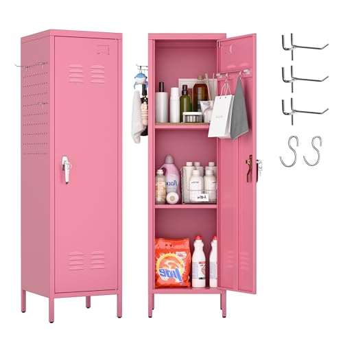Image of SUPEER Pink Metal Locker with Lock, Pegboards and 5 Hooks, 54.45 inch H | 15 inchW x 15 inchD steel locker with keyed lock, 2 door pegboards, 5 hooks, ventilation openings and required assembly.
