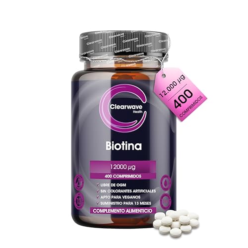 Suplemento de biotina para el crecimiento del cabello - Alta resistencia 12,000 mcg - 400 tabletas (suministro para 13 meses) - Vegano - Fabricado por Clearwave Health