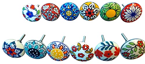 Ajuny Lot de 12 Boutons de Porte Vintage en Céramique Multicolores pour Commodes Tiroirs Armoires Placards Meubles Décoratives Imprimés à la Main pour...