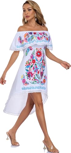 Image of YZXDORWJ Women's Mexican Asymmetrical Dress Embroidered Floral Off-Shoulder Cocktail Latina Fiesta Dress