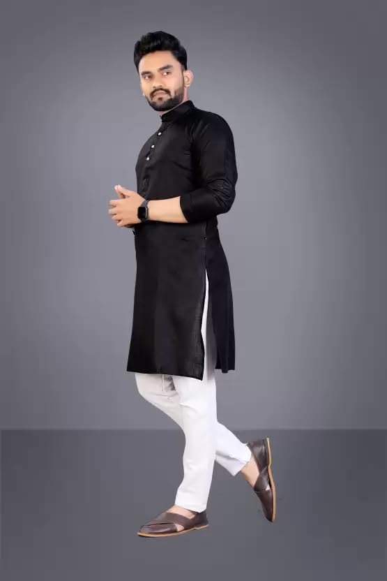 Image of weltpocket Men's Cotton Blend Solid Straight Kurta Pyjama