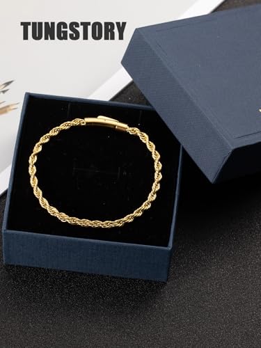TUNGSTORY Men's 4mm Rope Chain Bracelet, 18K Gold Filled/Silver/Black 316L Stainless Steel Bracelets with Bayonet Clasp, Hypoallergenic, Waterproof & Non Tarnish, Birthday Gift in Jewelry Box, 8IN - Image 4