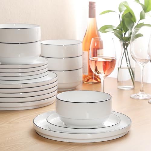 Image of Gibson Home Rothernberg Plates and Bowls 18 Piece Porcelain White Dinnerware Set W /Black Rim | Stackable Dishes | Microwave & Dishwasher Safe