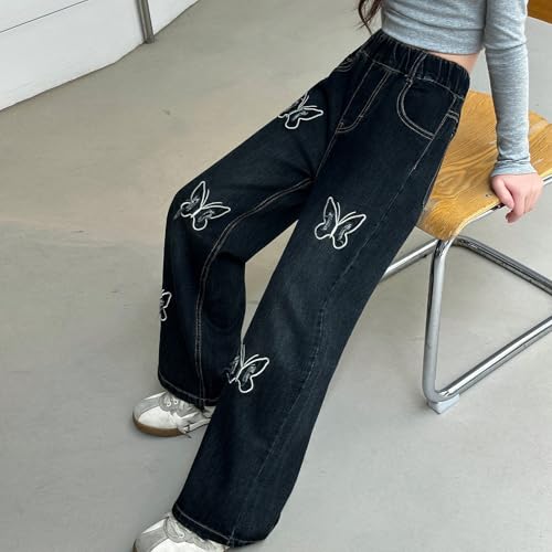 Girls Jeans Cute Butterflies Elastic Waist Straight Baggy Wide Leg Casual Kids Denim Pants4