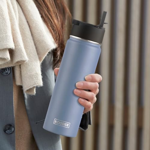 Image of koodee Water Bottle-22 oz Stainless Steel Vacuum Insulated Sports Wide Mouth Water Bottle with Straw Lid, Reusable Metal Water Flask for School (Royal Blue)