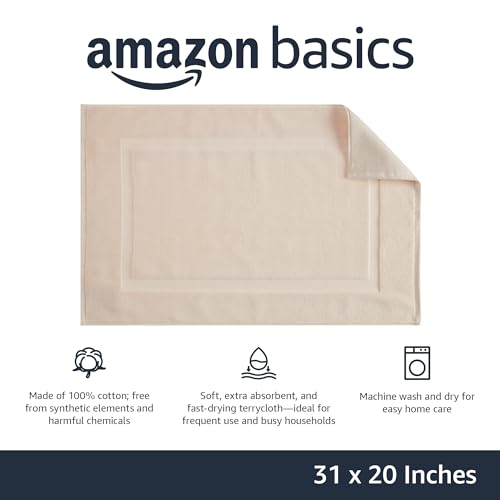 Image of Amazon Basics Banded Bathroom Bath Rug Mat, Machine Washable, Super Absorbent, 100% Cotton, 20 inch W x 31 inch L, Cream (Pack of 2)