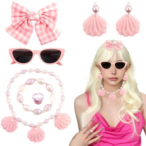Hpbaggy Kostüm Zubehör Set,Pink Costume Accessories,Rosafarbenes Cosplay Kostüm,Damen Zubehör Set,Chiffon Schal Haarspange Schleife Sonnenbrille Ohrringe,80er Jahre Outfit Damen Mottoparty