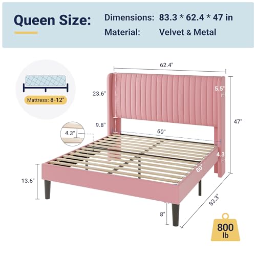 Image of Allewie Queen Size Velvet Bed Frame /Vertical Channel Tufted Wingback Headboard /Upholstered Platform Bed /Strong Wooden Slats /No Box Spring Needed /Easy Assembly /Pink