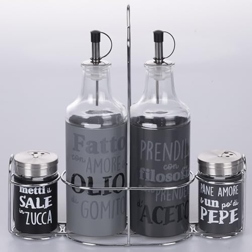 Set de condimento de aceite, vinagre, sal y pimienta de vidrio y acero inoxidable, soporte de hierro, gris, Ideas