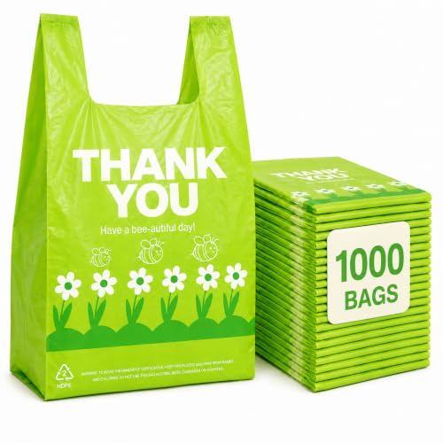 Image of YoYoRain 1000 Pack Green Thank You T-Shirt Bags with Handles, 11.5 inch x 6.25 inch x 21 inch, Reusable & Disposable Grocery Shopping Bags for Retail & Takeout